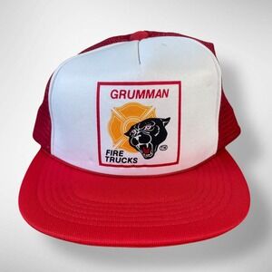 Vintage Grumman Fire Trucks Trucker Hat Red White Panther Snapback Cap